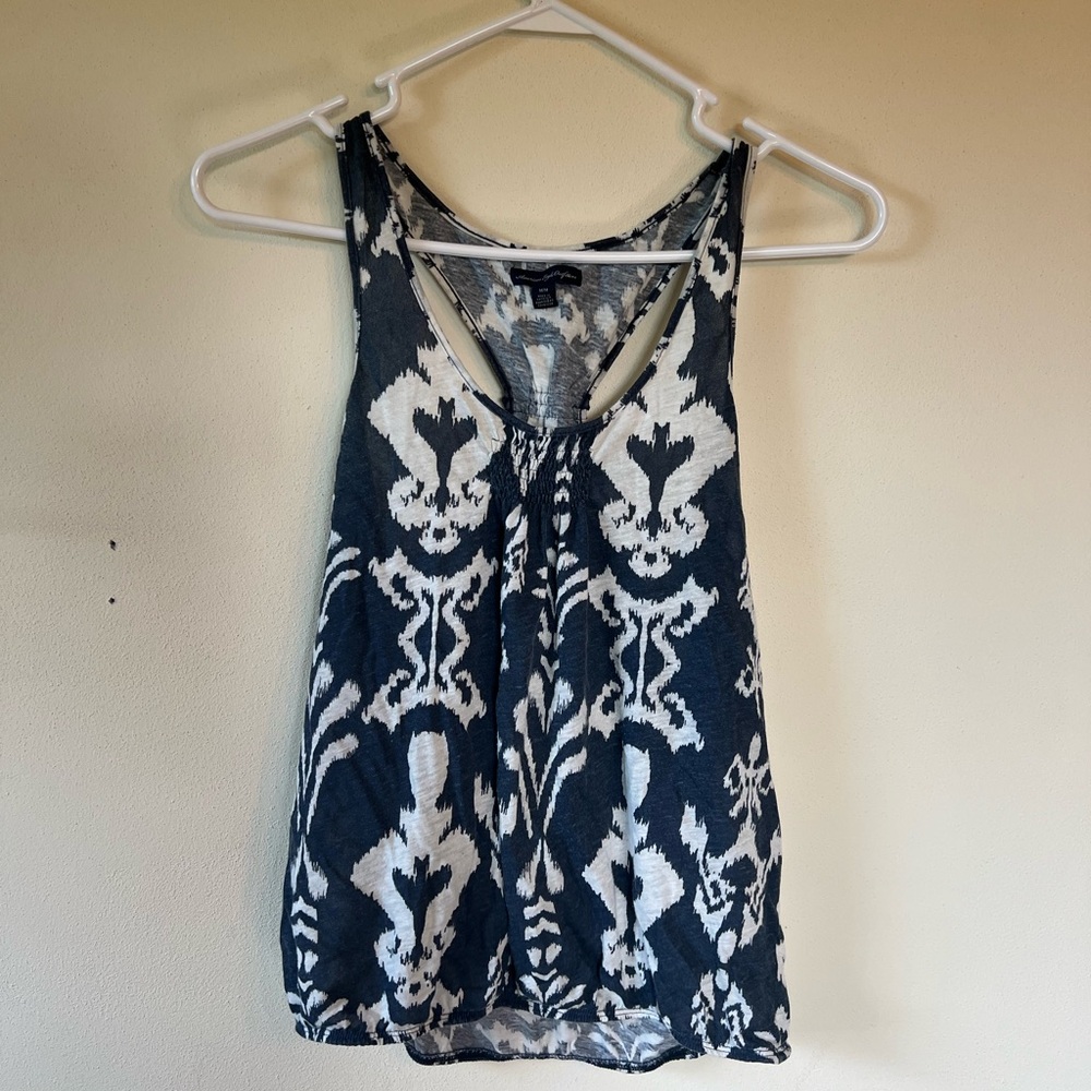 American Eagle Tank Women M Medium Blue Geometric Sleeveless Linen Wide Strap